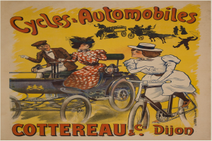 Plakat zur Werbung von Fahrrädern und Automobilen in Cottereau und Dijon, Frankreich, das Menschen auf Fahrrädern und eine Kutsche zeigt, mit der Aufschrift "Fahrräder und Automobile" oben.