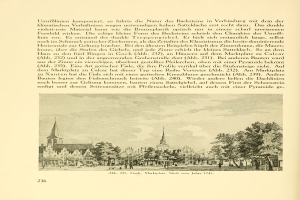 Ein aufgeschlagenes Buch mit einer Stadtansicht-Illustration, das Gebäude, Bäume und Menschen zeigt, begleitet von beschreibendem Text.