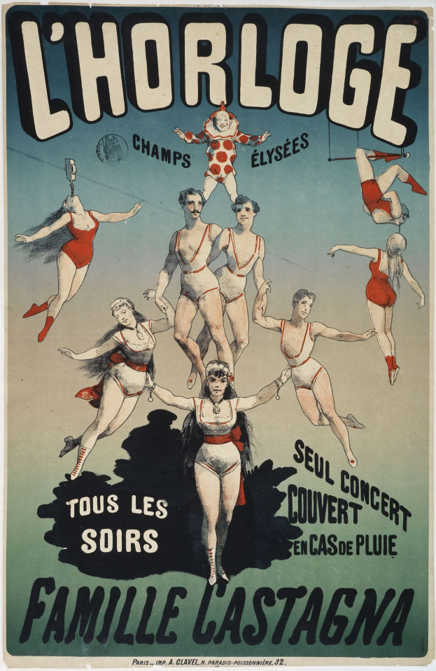 Plakat für L'Horloge Family Lastagna: Gruppe von Menschen in bunten Kostümen tanzt fröhlich mit strahlenden Gesichtern.