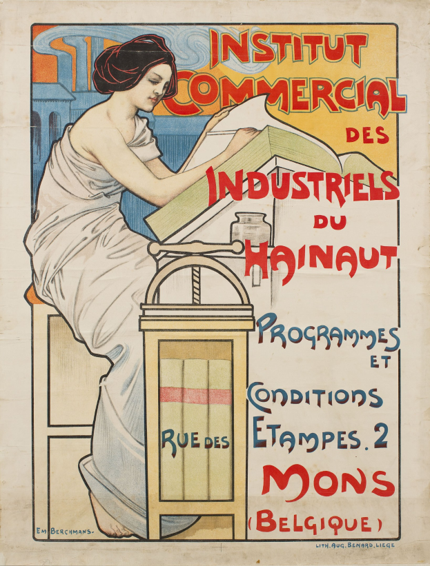 Ein Plakat für das Institut Commercial des Industriels du Hainaut, das eine Frau zeigt, die an einem Tisch sitzt und ein Buch hält, mit Text, der Details über das Institut enthält.