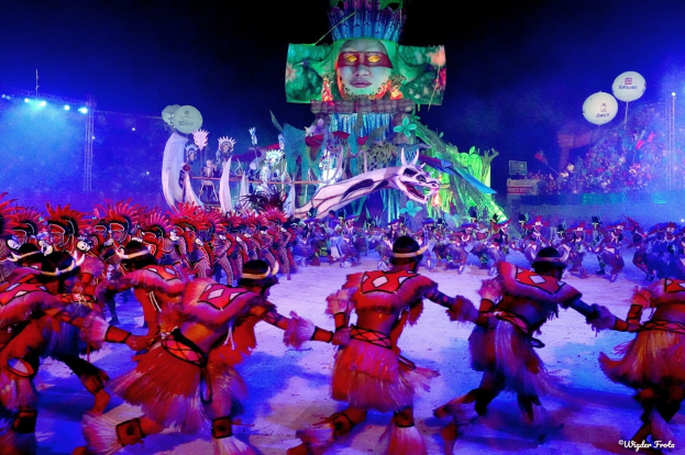 Eine Gruppe von Menschen in bunten Kostümen tanzt auf einer Bühne vor einem sitzenden Publikum, mit Lichtern, Pfählen und Luftballons, und ein Bildschirm zeigt eine Person im Hintergrund, während des Karnevals in Rio de Janeiro 2014.