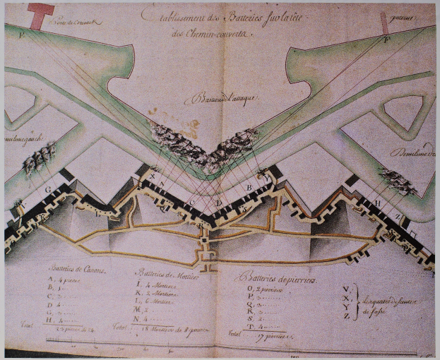 Alte Karte einer dicht bebauten Stadt mit handgeschriebenem Text auf vergilbtem Papier.