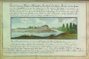 Ein abgenutztes Buch aus dem 18. Jahrhundert mit dem Titel "Deutsche Landschaften, Landschaft und Landschaft Deutschlands" mit einer Illustration eines Flusses, eines Hauses, Bäume, Gras und einem bewölkten Himmel.