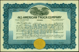 Ein Aktienzertifikat einer US-amerikanischen Lkw-Firma mit schwarzem Rand und goldenem Siegel in der Mitte, das gedruckte Texte enthält, die Informationen über die Firma wiedergeben.