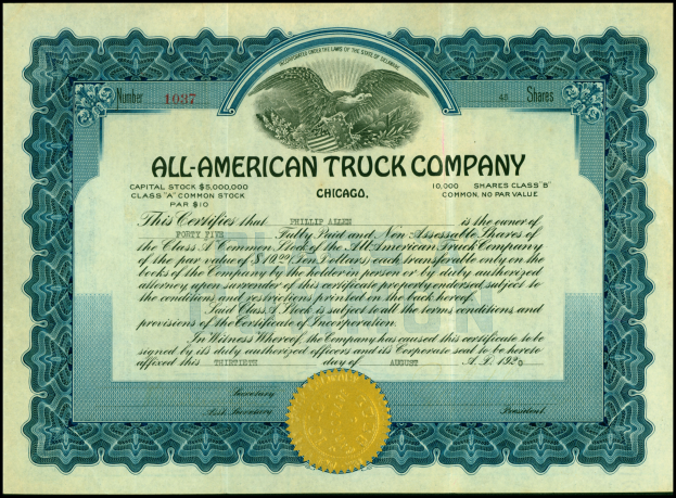 Ein Aktienzertifikat einer US-amerikanischen Lkw-Firma mit schwarzem Rand und goldenem Siegel in der Mitte, das gedruckte Texte enthält, die Informationen über die Firma wiedergeben.