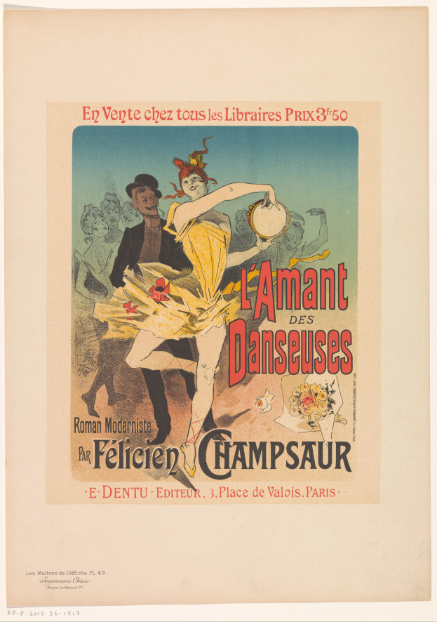 Ein Plakat, das ein Tanzshow in Paris ankündigt, zeigt einen Mann und eine Frau, die tanzen, wobei der Mann ein Musikinstrument hält und der Text wahrscheinlich das Ereignis beschreibt.