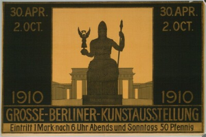 Ein Plakat mit einer Statue vor einem Gebäude, Text und Zahlen zur Berliner-Kunstausstellung