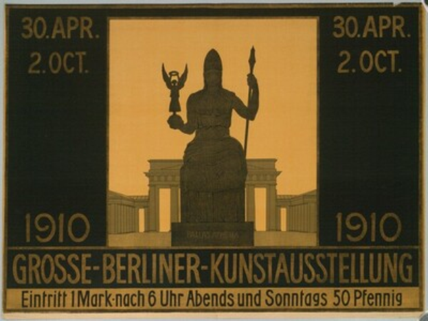 Ein Plakat mit einer Statue vor einem Gebäude, Text und Zahlen zur Berliner-Kunstausstellung