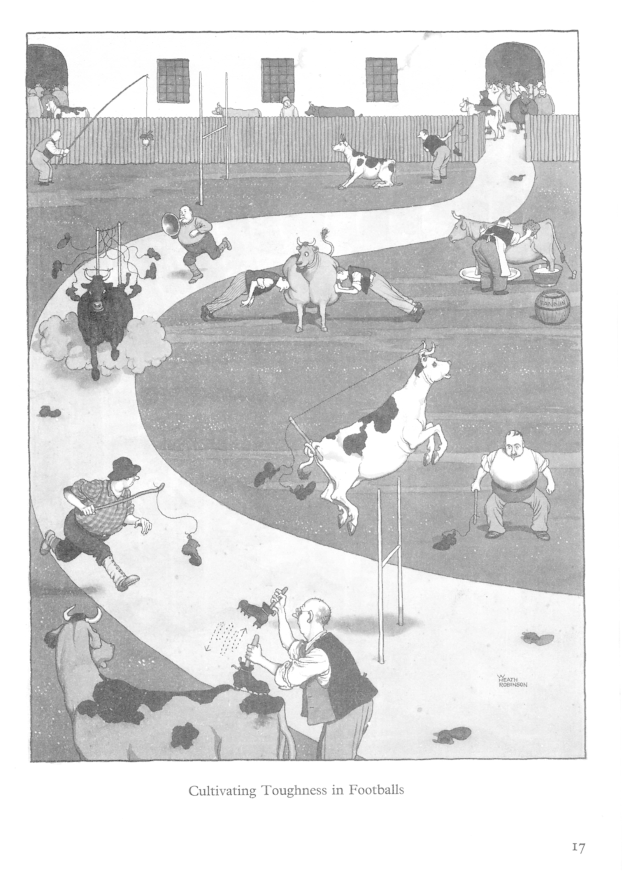 Schwarze und weiße Zeichnung von Menschen und Tieren auf einem Feld mit einer Wand und Fenstern im Hintergrund, mit der Beschriftung "Züchtung von Härte in Füßballs" unten.