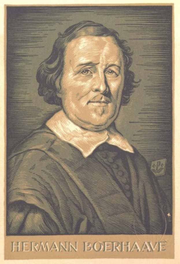Porträt von Hermann Boerhaave, einem deutschen Philosophen, mit Text am unteren Bildrand.