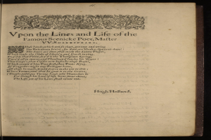 Offenes Buch mit dem Titel "Vpon den Linien und dem Leben des berühmten Landschaftsdichters Mater" auf der Seite gegen einen dunklen Hintergrund.