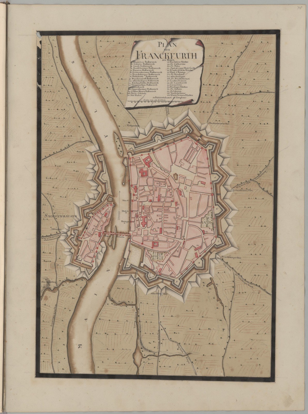 Ein altes Buch mit einer detaillierten Karte von Frankfurt, Deutschland, mit Straßen, Gebäuden und Sehenswürdigkeiten, begleitet von beschreibendem Text.