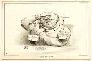 Ein Anwalt in einem Anzug sitzt an einem Tisch mit einer Waage vor ihm, die er mit entschlossener Miene durchsieht.