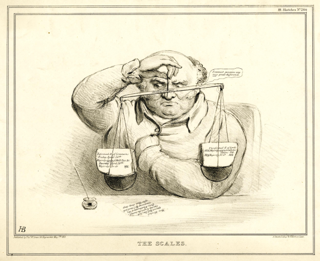 Ein Anwalt in einem Anzug sitzt an einem Tisch mit einer Waage vor ihm, die er mit entschlossener Miene durchsieht.