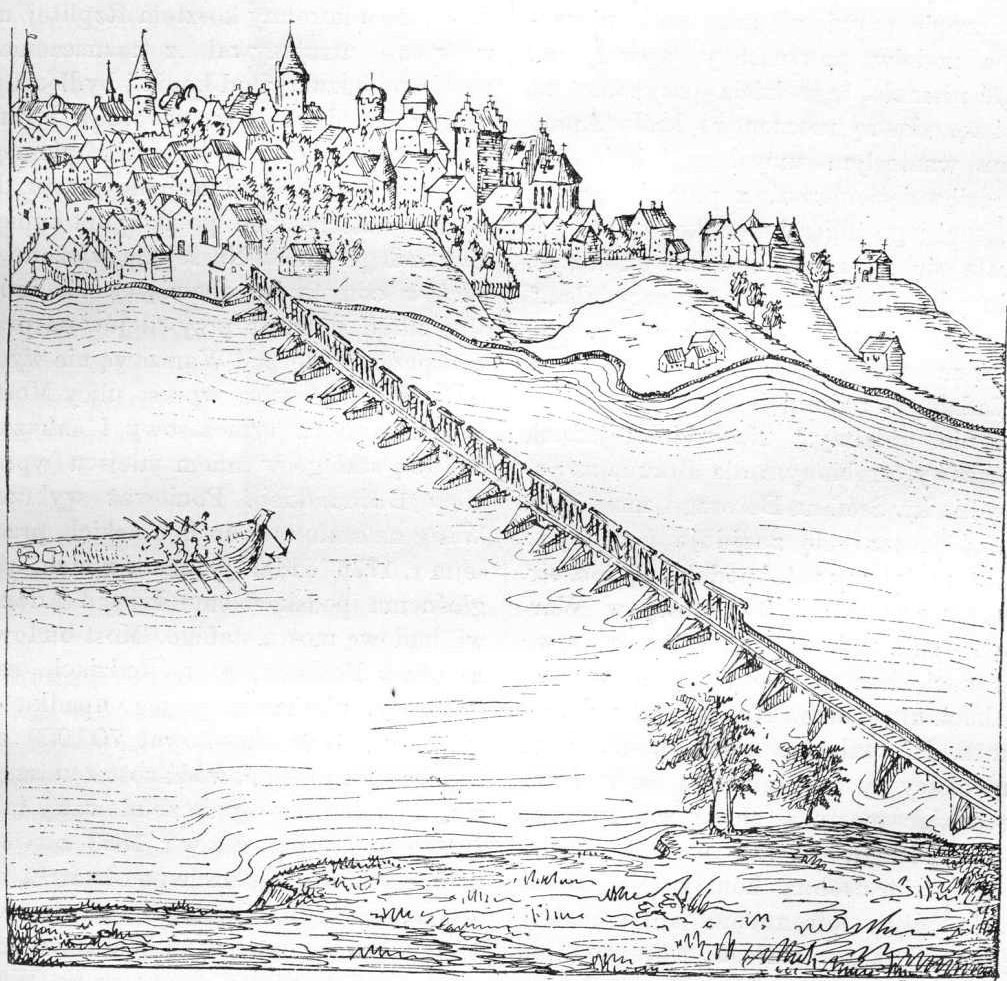 Eine Zeichnung einer Brücke, die über einen Fluss führt, mit einer Burg im Hintergrund, umgeben von Bäumen und einem Boot auf dem Wasser, mit Text unten, der lautet: "Die Brücke des Rheins in Deutschland."