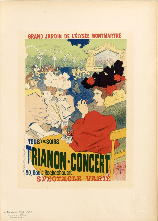 Plakat, das ein Trianon-Konzert im Grand Jardin de L'Elysée Montmartre ankündigt, zeigt eine Gruppe von Menschen an einem Tisch mit einem Weinglas in der Mitte und Text, der das Ereignis beschreibt.