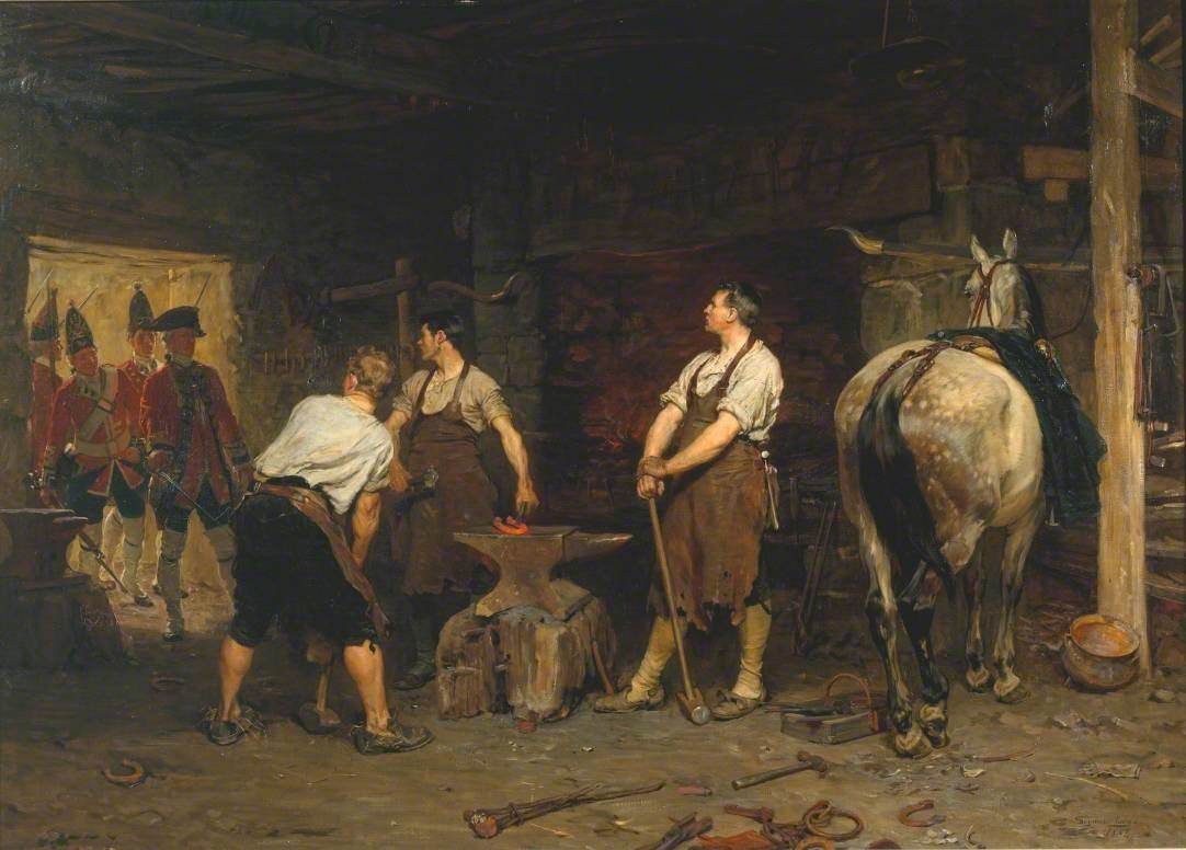 Gemälde 'Die Schmiede' (1864) zeigt Männer bei der Arbeit in einer Schmiede mit einem Pferd auf der rechten Seite, verstreuten Werkzeugen auf dem Boden und einer Tafel an der Wand im Hintergrund.