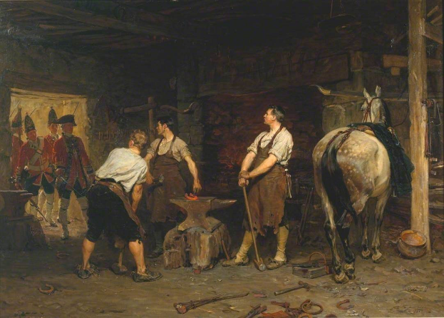 Gemälde 'Die Schmiede' (1864) zeigt Männer bei der Arbeit in einer Schmiede mit einem Pferd auf der rechten Seite, verstreuten Werkzeugen auf dem Boden und einer Tafel an der Wand im Hintergrund.