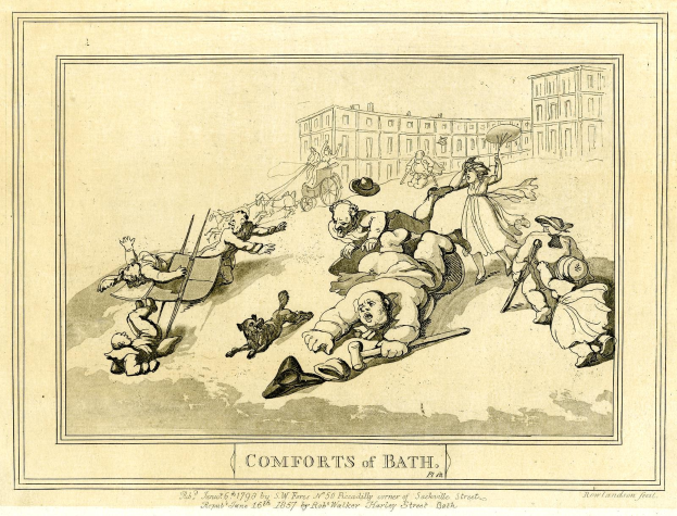 Ein Cartoon von gestressten Menschen in einer Badewanne umgeben von hohen Gebäuden, mit dem Text "Comforts of Bath" unten.