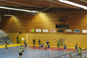 Eine Gruppe von Menschen spielt Handball in einer Turnhalle mit einem Metallzaun, Torpfosten, Tür, Texttafeln, Anzeigebildschirm, Lautsprecherbox, Metallstangen und einer Decke mit Deckenleuchten und Metallrahmen.
