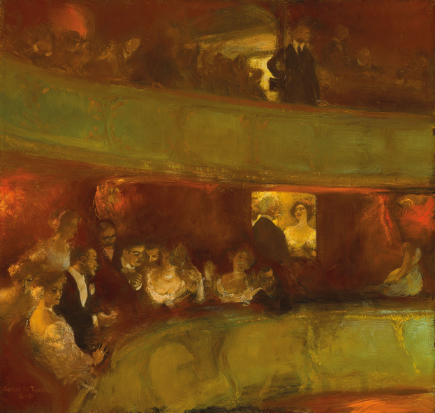 Ein Gemälde einer vielseitigen Gruppe von Menschen in einem hell erleuchteten Theater, einige stehen, einige sitzen, alle in Abendgarderobe gekleidet, schaffen eine lebendige und einladende Atmosphäre.