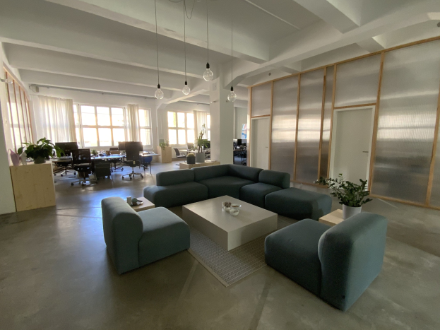 Großraumbüro mit Sofas, Topfpflanzen, Tischen, Stühlen, Vorhängen, Deckenleuchten und Teppich, beleuchtet durch natürliches Licht von einem großen Fenster.