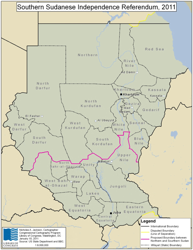Plakat mit farbigem Kartenbild der Südsudanesischen Unabhängigkeitsreferendum in 2011, einschließlich Symbole und erklärenden Text.
