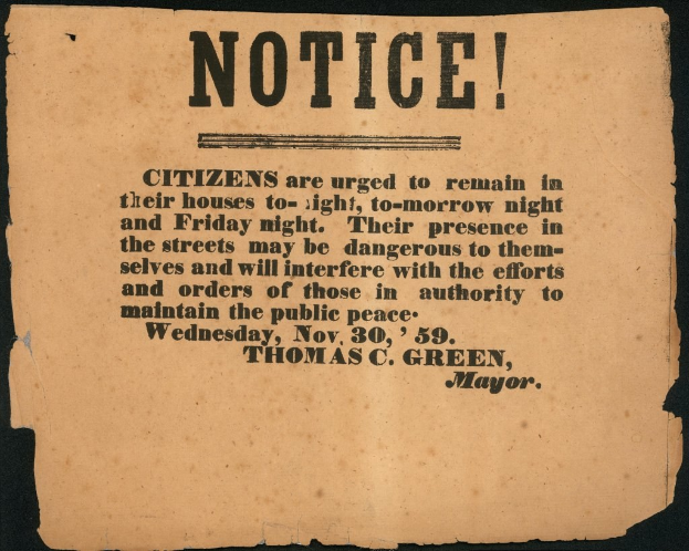 Mitteilung des Bürgermeisters Thomas C. Green, in der die Bürger von New York aufgefordert werden, während bestimmter Nachtstunden zu Hause zu bleiben.