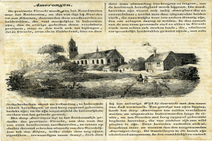 Ein altes Buch mit einer Zeichnung eines Dorfes mit Häusern, Bäumen und Menschen sowie begleitendem Text.