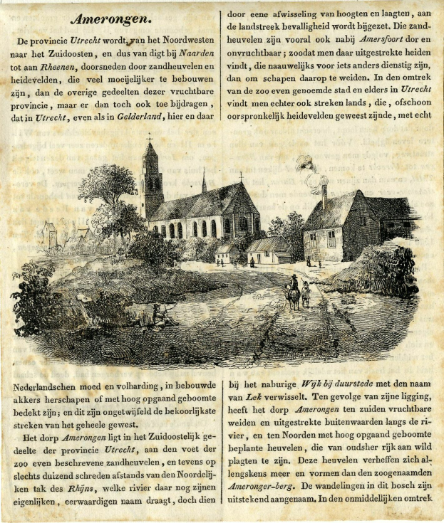 Ein altes Buch mit einer Zeichnung eines Dorfes mit Häusern, Bäumen und Menschen sowie begleitendem Text.