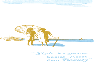 Ein Plakat mit einem minimalistischen Design, das einen weißen Hintergrund und einen hellblauen Rand aufweist. Es zeigt eine Zeichnung von zwei Menschen, die sich umarmen, mit der Schrift "Stil ist ein größeres soziales Gut als Schönheit" in fetter, schwarzer Schrift oben drauf.