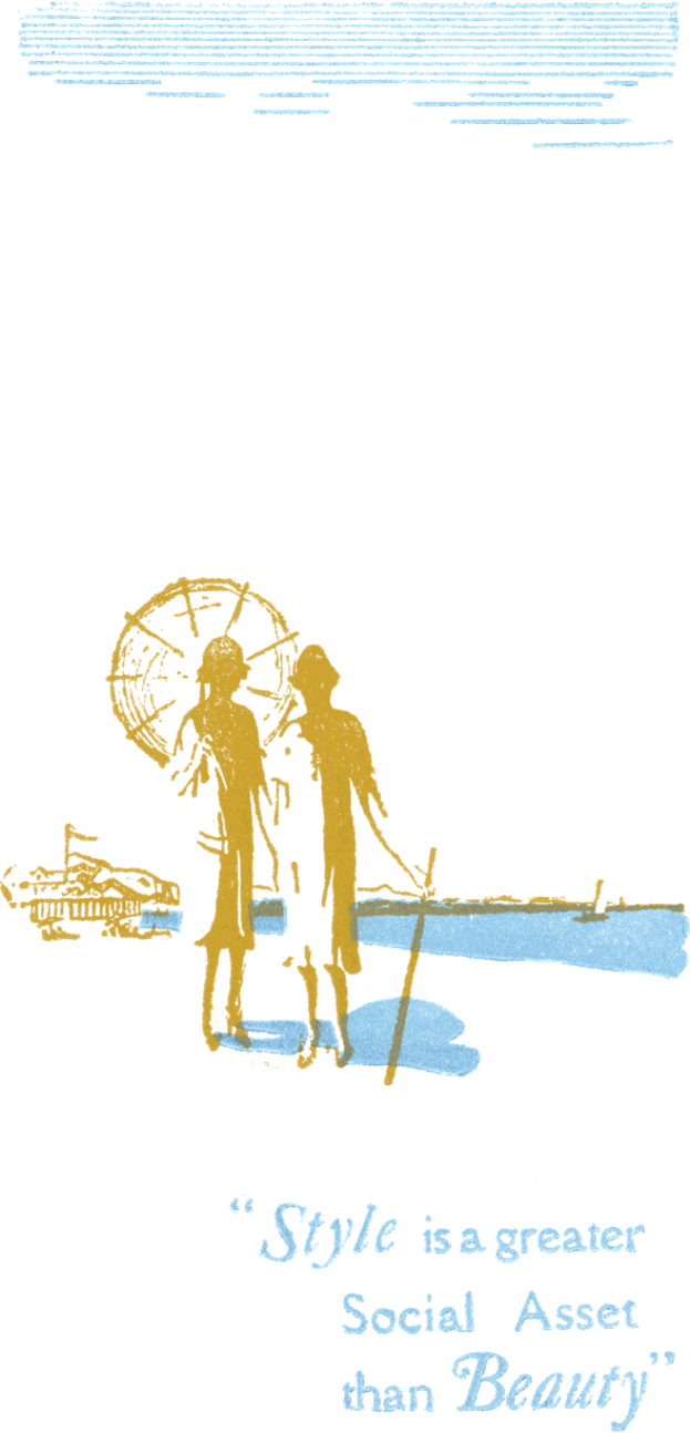 Ein Plakat mit einem minimalistischen Design, das einen weißen Hintergrund und einen hellblauen Rand aufweist. Es zeigt eine Zeichnung von zwei Menschen, die sich umarmen, mit der Schrift "Stil ist ein größeres soziales Gut als Schönheit" in fetter, schwarzer Schrift oben drauf.