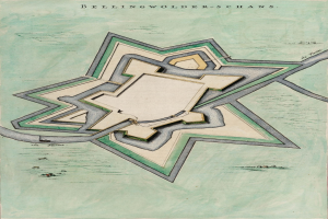 Ein detailliertes Plakat von Bellingwolderschans, Deutschland, das eine Karte mit Straßen, Gebäuden und Sehenswürdigkeiten zeigt und von Texten über die Geschichte, Kultur und Attraktionen der Stadt begleitet wird.