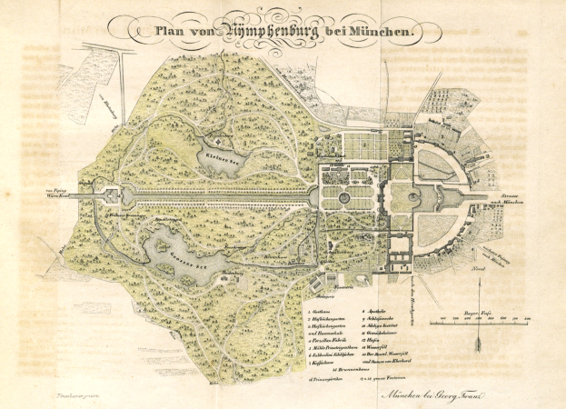 Alte Karte von München, Deutschland, die das Layout eines Parks mit handgeschriebenen Anmerkungen auf vergilbtem Papier zeigt.