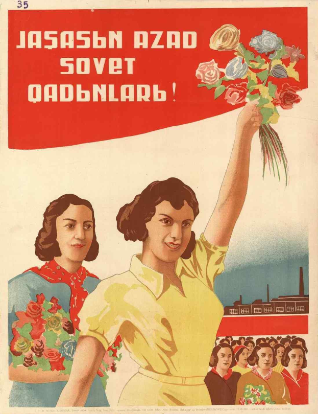 Sowjetisches Propagandaplakat zum Internationalen Frauentag, das eine Frau mit Blumen zeigt, umgeben von Menschen und einem Gebäude, mit der Aufschrift "Frauentag."
