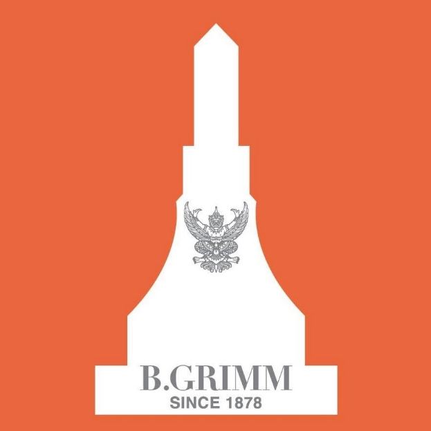 Ein orangefarbener Plakat mit einem weißen Kreis mit schwarzem Rand und einem schwarzen Buchstaben 'b' in der Mitte, darunter der Text 'b grimm seit 1878' in fetter, schwarzer Schrift in der Mitte.