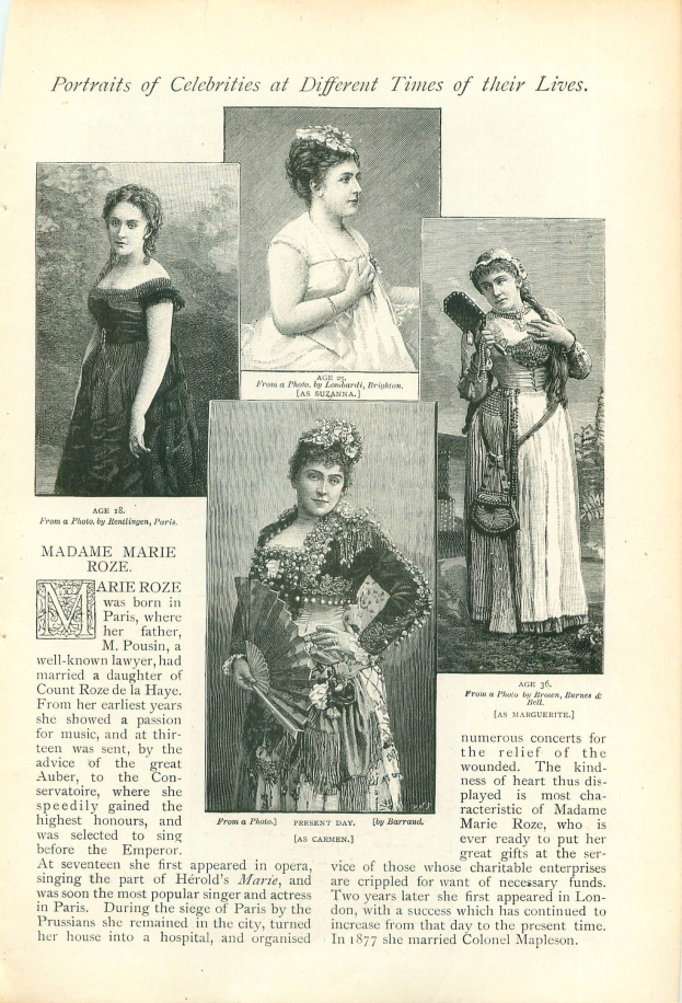 Ein Vintage-Buchumschlag mit dem Titel "Portr├Ąts von Prominenten zu verschiedenen Zeiten ihres Lebens" mit einer zentralen Illustration einer Frau in einem hochgeschlossenen, lang├Ąrmeligen Kleid.