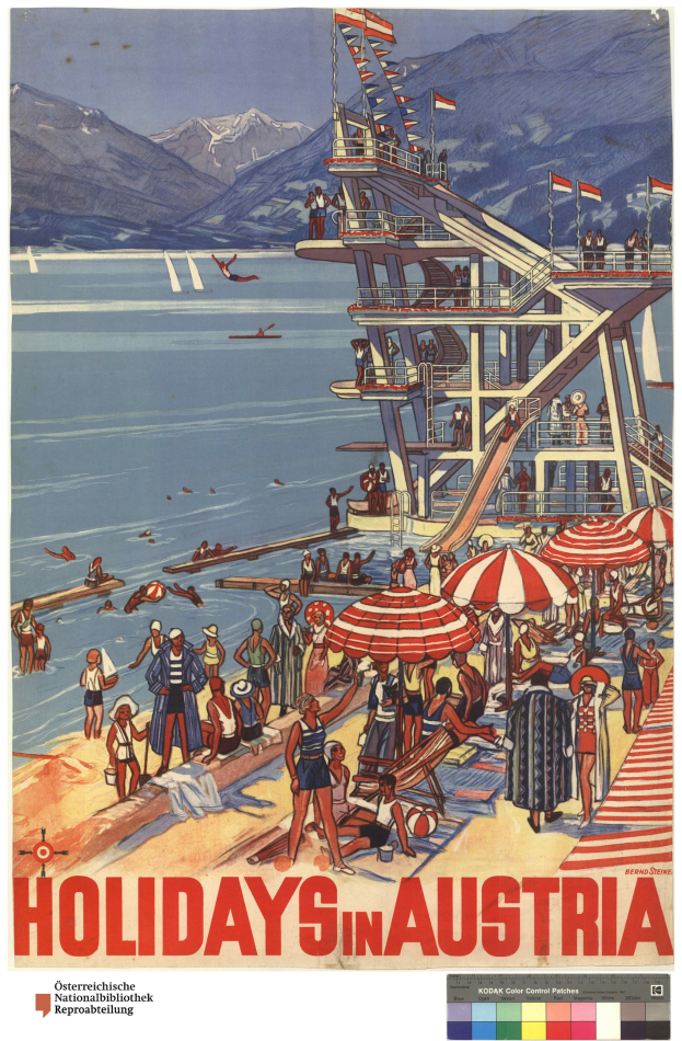 Plakat, das Urlaube in Österreich ankündigt, zeigt Menschen am Strand mit Schirmen, ein Schiff im Hintergrund, winkende Flaggen, entfernte Berge und Text.