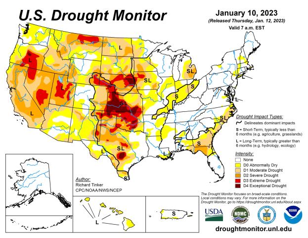 Ein Plakat zeigt eine United States Drought Monitor-Karte vom 10. Januar 2023 mit begleitendem Text und Logos.