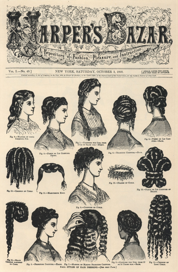 Eine Collage von Harper's Bazaar-Bildern, die Frauen mit verschiedenen Frisuren zeigt, begleitet von Text.