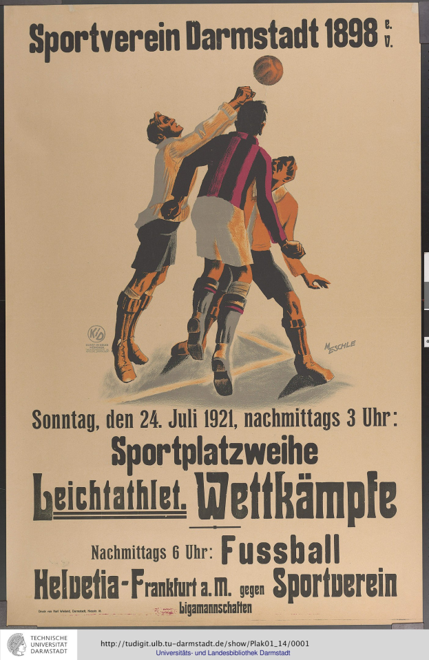 Ein Plakat, das ein Fußballspiel ankündigt und eine Gruppe von Männern in Fußballtrikots zeigt, die aktiv ein Spiel spielen, mit Text, der das Spiel und die Spieler beschreibt.