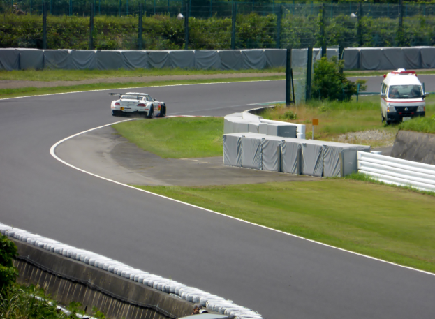 Ein Rennwagen fährt auf einer Rennstrecke mit einem Polizeiwagen im Hintergrund, umgeben von Gras, Pflanzen, Bäumen und einem Fahrzeug auf der rechten Seite.