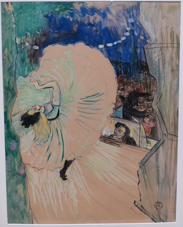 Gemälde mit dem Titel 'Tanz an der Oper' von Edgar Degas zeigt eine Frau in einem grünen Kleid, die auf einer Bühne tanzt, mit sichtbaren Pinselstrichen und leuchtenden Farben.