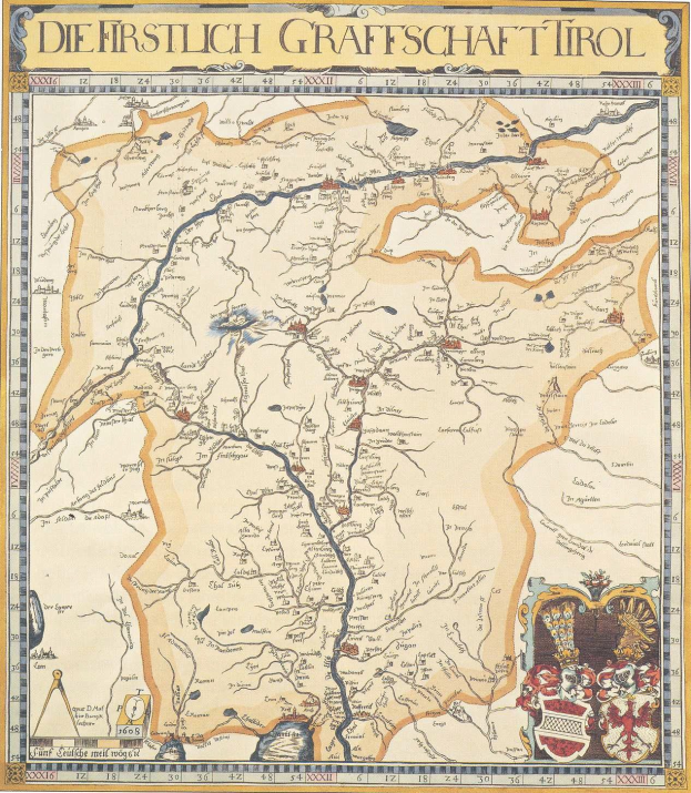 Ein detailliertes Plakat einer historischen Karte der Grafschaft Tirol, das geographische Merkmale wie Flüsse, Berge und St├Ądte zeigt und von Texten über die Region und ihre Bewohner begleitet wird.