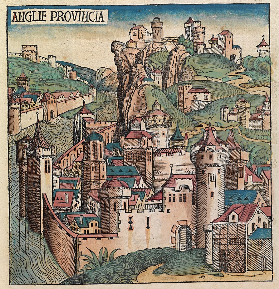 Gravur einer mittelalterlichen Stadt mit einer Burg auf einem Hügel, umgeben von Gebäuden, Bäumen und Himmel, mit Text oben.