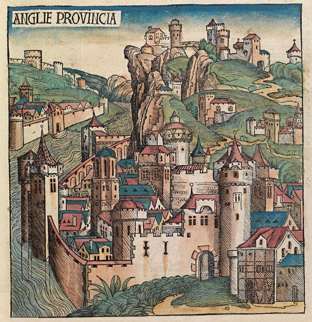 Gravur einer mittelalterlichen Stadt mit einer Burg auf einem Hügel, umgeben von Gebäuden, Bäumen und Himmel, mit Text oben.