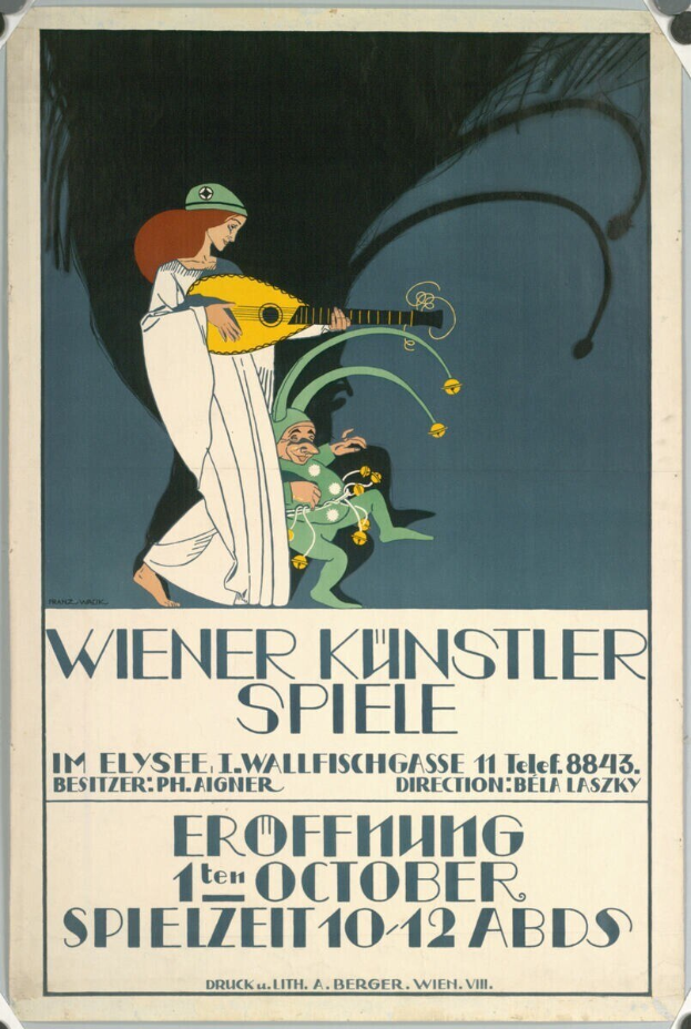 Plakat für ein Konzert in Wien, Österreich, mit einer Frau, die ein Musikinstrument spielt und Text.