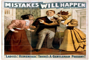 Ein Plakat zeigt einen Mann in einem Anzug und zwei Frauen in Kleidern nebeneinanderstehend, mit der Aufschrift 'Mistakes Will Happen' oben.