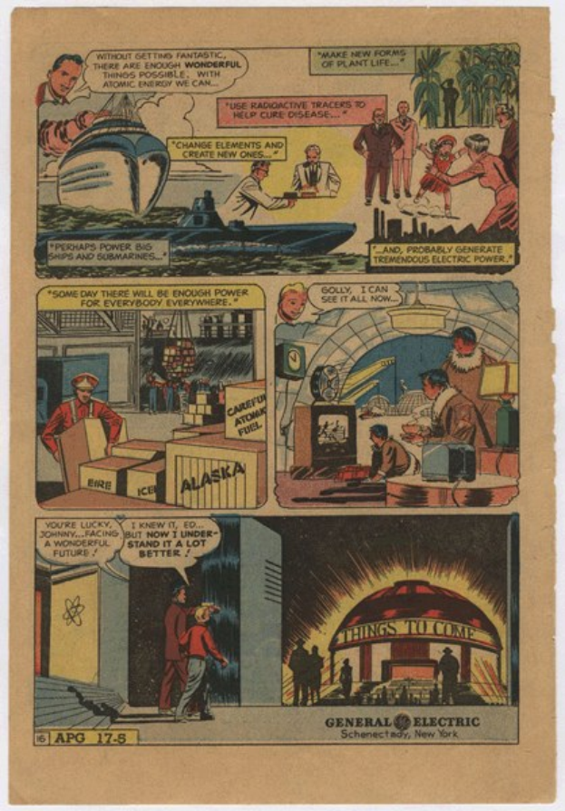 Comic-Heftseite mit einem Mann in einem blauen Anzug mit weißem Hemd und roter Krawatte und einer Frau in einem weißen Kleid mit blauer Schürze und Schürze, vor einem hellblauen Himmel mit weißen Wolken.