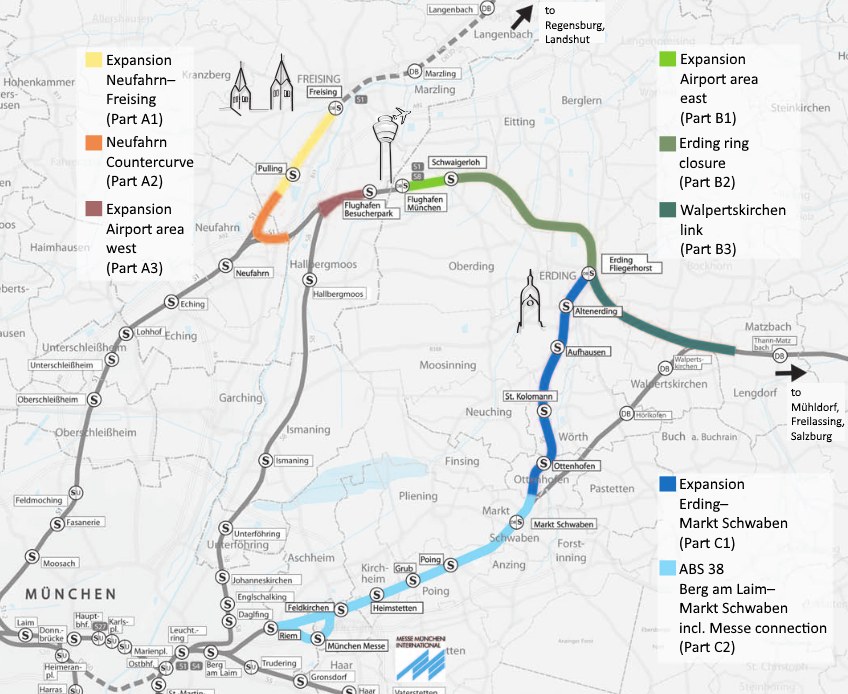 Eine detaillierte Stadtkarte mit einer hervorgehobenen Zugroute von München nach Frankfurt, einschließlich Haltestellen und Umgebung, sowie zusätzlicher Zuginformationen.